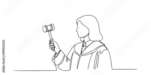 Symbol of justice and order continious line art drawing. Libra or law identity concept. Woman judge holds a judge's gavel in her hand. Vector illustartion isolated on white background.