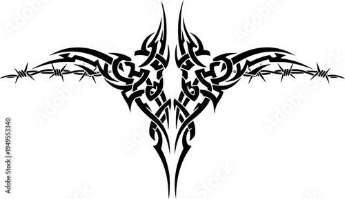 Neo tribal art constructor. Y2k cyber sigil aesthetic tattoo, simmetric ethnic celtic shape. Vector illustration of emo gothic tribal tattoo designs, acid metal music poster. 