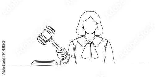 Symbol of justice and order continious line art drawing. Libra or law identity concept. Woman judge holds a judge's gavel in her hand. Vector illustartion isolated on white background.