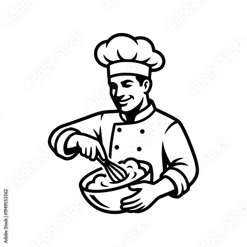 Professional Chef Whisking Dough in Bowl Line Art Vector Illustration