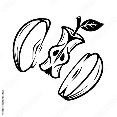 Black and White Apple Core and Slices Vector Illustration