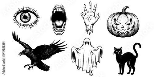 Creepy Halloween collage elements with vintage stippling photocopy effect. Eye, mouth, zombie hand, pumpkin jack, raven, ghost, cat with experimental grunge dotted texture. Retro vector illustration