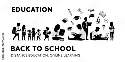 Education. Creative vector illustration for web banner, social media, business presentation, marketing material. Back to school. Distance education, online learning. 
