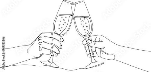 Continuous line champagne cheers one line art, continuous drawing contour. Hands toasting with wine glasses with drinks. Cheers toast festive decoration for holidays. Vector illustration 
