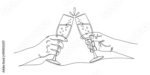 Continuous line champagne cheers one line art, continuous drawing contour. Hands toasting with wine glasses with drinks. Cheers toast festive decoration for holidays. Vector illustration 