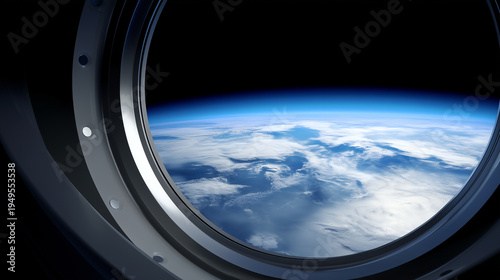 View from space station porthole window looking down at Earth from orbit View from inside a space station through a circular porthole window, looking down at Earth from orbit, real