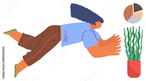 Business strategy, personal growth, sustainability, teamwork, balance, creative expression. A person in motion near a chart and plant. Business strategy and personal growth concept