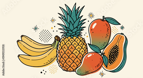 Fresh Tropical Fruits Arrangement with Pineapple, Bananas, Mango, and Papaya on Bright Studio Background