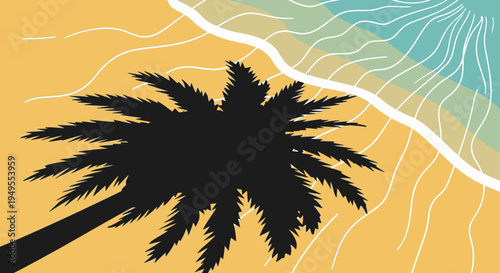 Top Down View of Tropical Beach with Palm Tree Silhouette, Sand and Ocean Waves