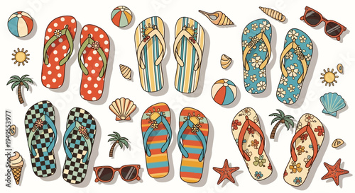 Abundant Collection of Colorful Summer Beach Elements with Flip Flops, Seashells, Sunglasses and Palm Trees on Isolated White Background