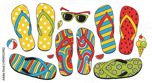 Colorful Collection of Summer Beach Items including Flip Flops, Sunglasses, Beach Ball and Ice Cream on Isolated White Background