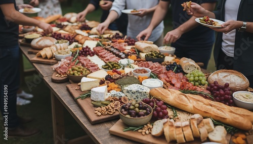 Large Outdoor Cheese Charcuterie Spread on Wooden Table with People Reaching for Plates