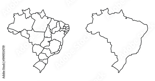 Brazil map set with state borders and simple outline map. Clean geographic design isolated on white background.