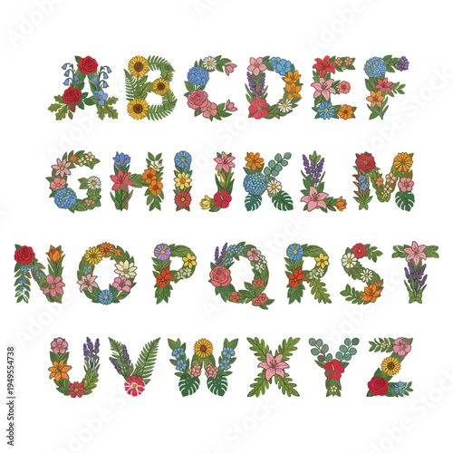 Floral alphabet letters A to Z with colorful flowers and leaves decorative botanical typography vector set