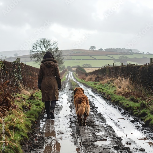 Woman and golden retriever walking on a muddy country track in the English countryside.