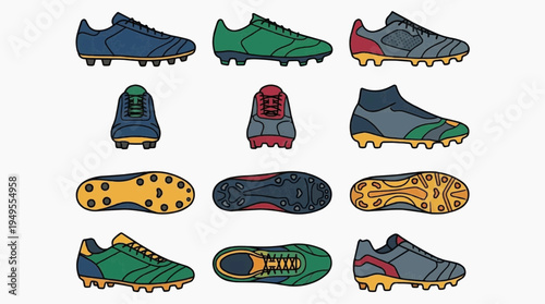A collection of colorful soccer cleats arranged in various angles. Showcasing different designs and views