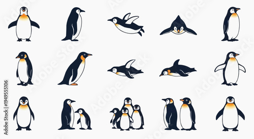 A collection of penguins in various poses, showcasing their playful nature 