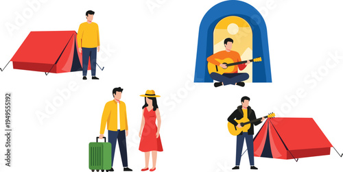 Cartoon camping scenes with tents, travelers, and guitar players — perfect for outdoor adventure, leisure, and travel-themed designs