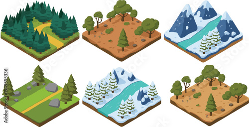 Isometric landscape nature tiles set featuring forest, mountains, snowy terrain, river and dry land environments isolated vector game map elements
