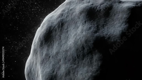 A dark, irregular asteroid floats in a star-filled void