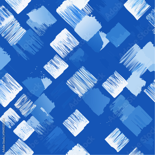 Dirty blue, navy pattern. Gruge texture seamless background. Watercolor endless repeat backdrop. Vector tye die pattern. Square and brush strokes texture.