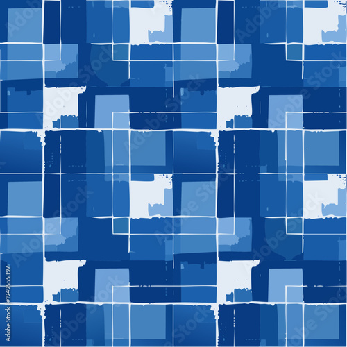 Dirty blue, navy pattern. Gruge texture seamless background. Watercolor endless repeat backdrop. Vector tye die pattern. Square and brush strokes texture.
