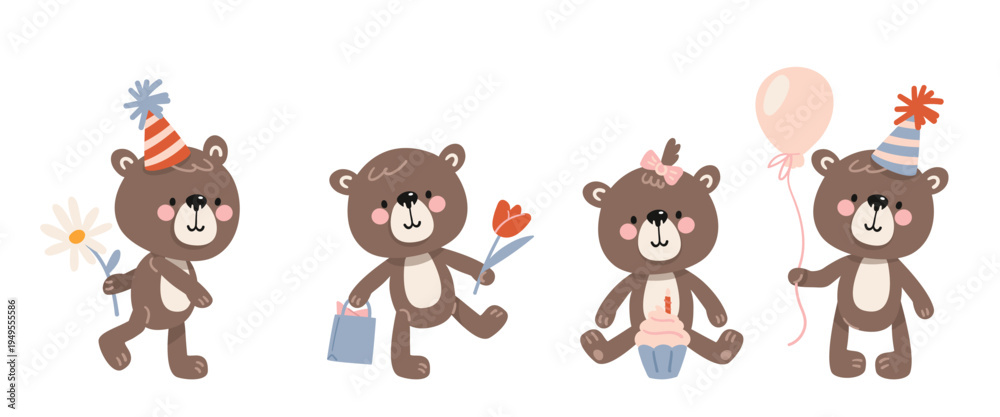Fototapeta premium Set of cute cartoon teddy bears celebrating birthday with flowers, gift bag, cupcake, and balloon. Flat style vector illustration.