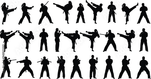 Karate martial arts silhouettes collection with fighters performing kicks punches and combat stances sport athlete vector illustration isolated black set