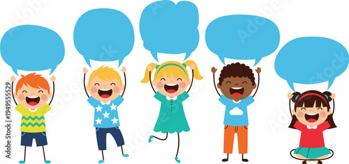 Cartoon children holding blank speech bubbles in cheerful poses, ideal for educational, communication, and creative design projects.