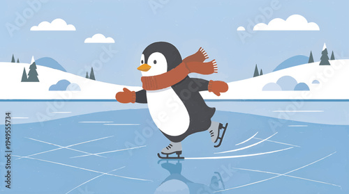 Cute Penguin Wearing Red Scarf and Mittens Ice Skating on a Frozen Lake
