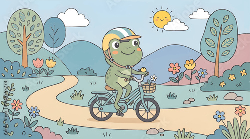 Cute Green Frog Wearing Helmet Riding Bicycle on a Countryside Path Illustration