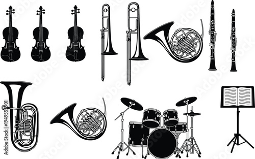 Orchestra musical instruments icon set illustration featuring strings brass woodwind percussion and music stand isolated on white background detailed black vector