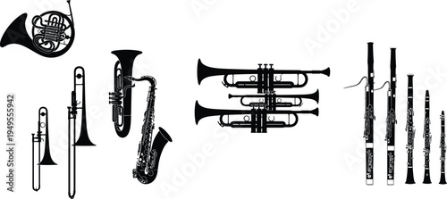 Orchestral Wind Instruments Silhouette Set Featuring Brass and Woodwind Instruments Vector Illustration Isolated on White Background for Music, Concert and Graphic Design