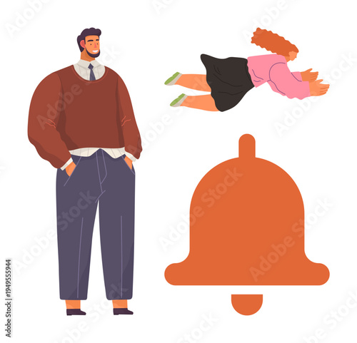 Notifications, messaging, alerts, interpersonal connections, digital communication, urgency. A man standing, a woman flying and a large bell icon. Notifications and messaging concept