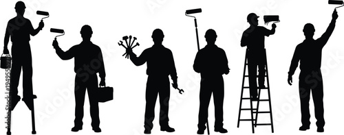 Painter and handyman worker silhouettes painting wall with roller, ladder and tools professional construction workers isolated vector set for renovation concept