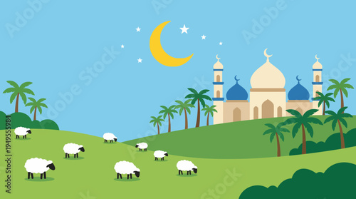 Sheep grazing peacefully near a mosque under a crescent moon in a tropical landscape
