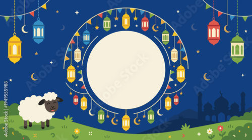 Sheep standing on green grass under colorful lanterns at night near a decorated plate