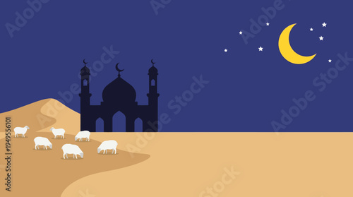 A serene desert night scene featuring a silhouette of a mosque under a starry sky with a crescent moon, and white sheep grazing on sand dunes.