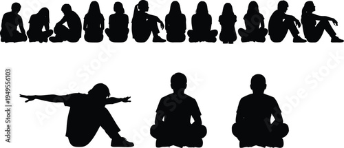 People sitting on floor silhouette set men women relaxed poses meditation casual sitting human figures isolated vector illustration collection