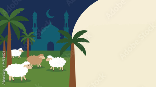 A night scene with a mosque silhouette, crescent moon, palm trees, and sheep grazing on green grass, suitable for an Islamic holiday.