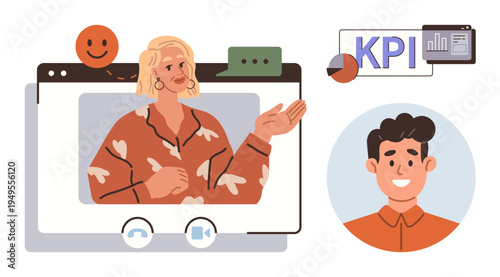 Business meetings, online collaboration, KPI analysis, team communication, digital interaction, remote teamwork. Woman speaking in video call interface. Business meetings and online collaboration