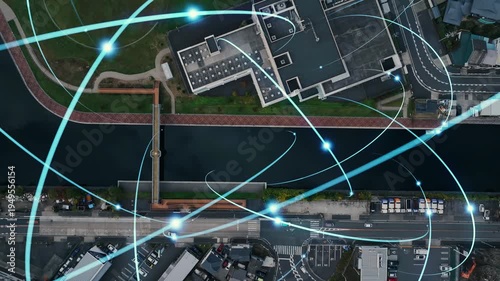 Conceptual image of urban drone aerial view and communication network
