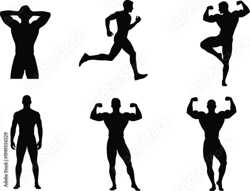 Muscular male bodybuilder silhouettes set fitness athlete poses running flexing strong man vector illustration sport training bodybuilding concept collection