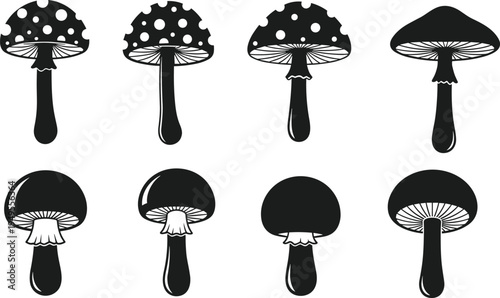 Mushroom icon set silhouette illustration showing different toadstool shapes isolated on white background minimal black vector design collection