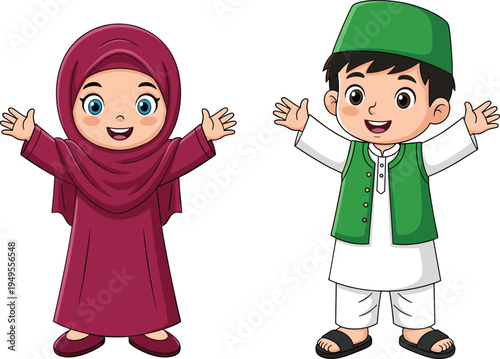 Cartoon children, cultural clothing, festive gesture, traditional attire, joyful expression, hijab girl, celebration pose, animated style, cheerful kids illustration
