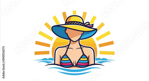 Cheerful woman in bikini and straw hat enjoying summer vacation by the water, bright sunny background