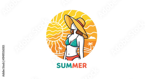 Beautiful woman wearing a straw hat and bikini with sun rays, representing summer vacation, in bright studio.
