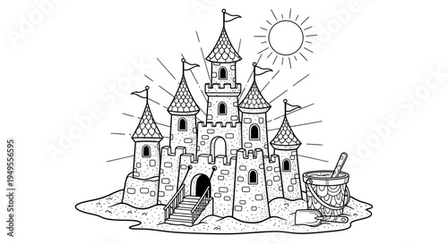 Detailed line art illustration of a sandcastle with flags, sun, clouds, bucket, and shovel, isolated white background.