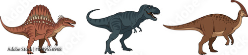 Cartoon dinosaur illustration set featuring Spinosaurus, Tyrannosaurus rex, and Parasaurolophus in distinct prehistoric styles and colors