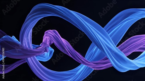Flowing purple and blue ribbons intertwine against a dark background